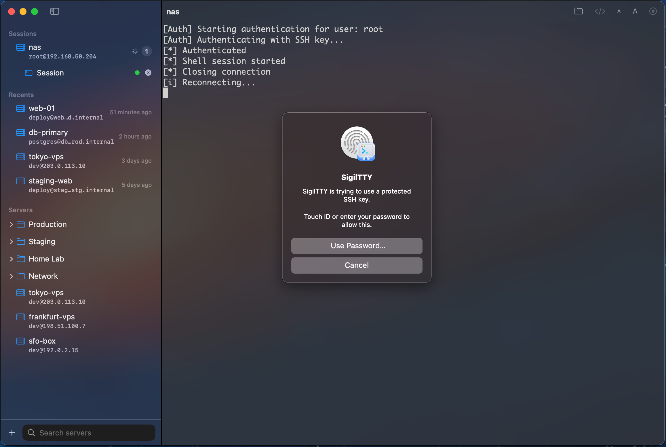 Touch ID prompt in dark mode authorizing use of a protected SSH private key