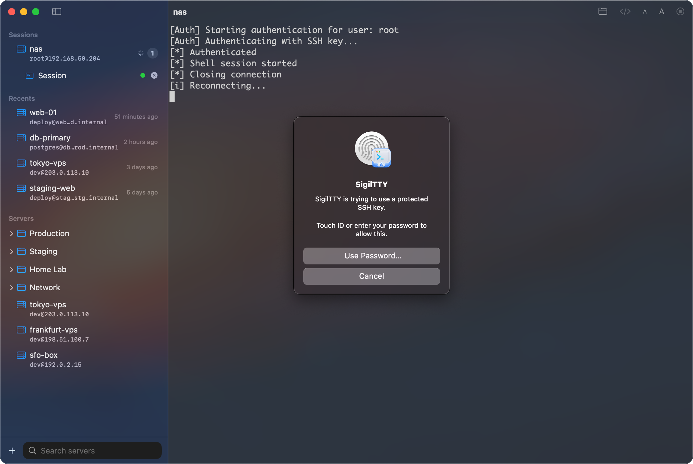 Touch ID prompt in dark mode authorizing use of a protected SSH private key