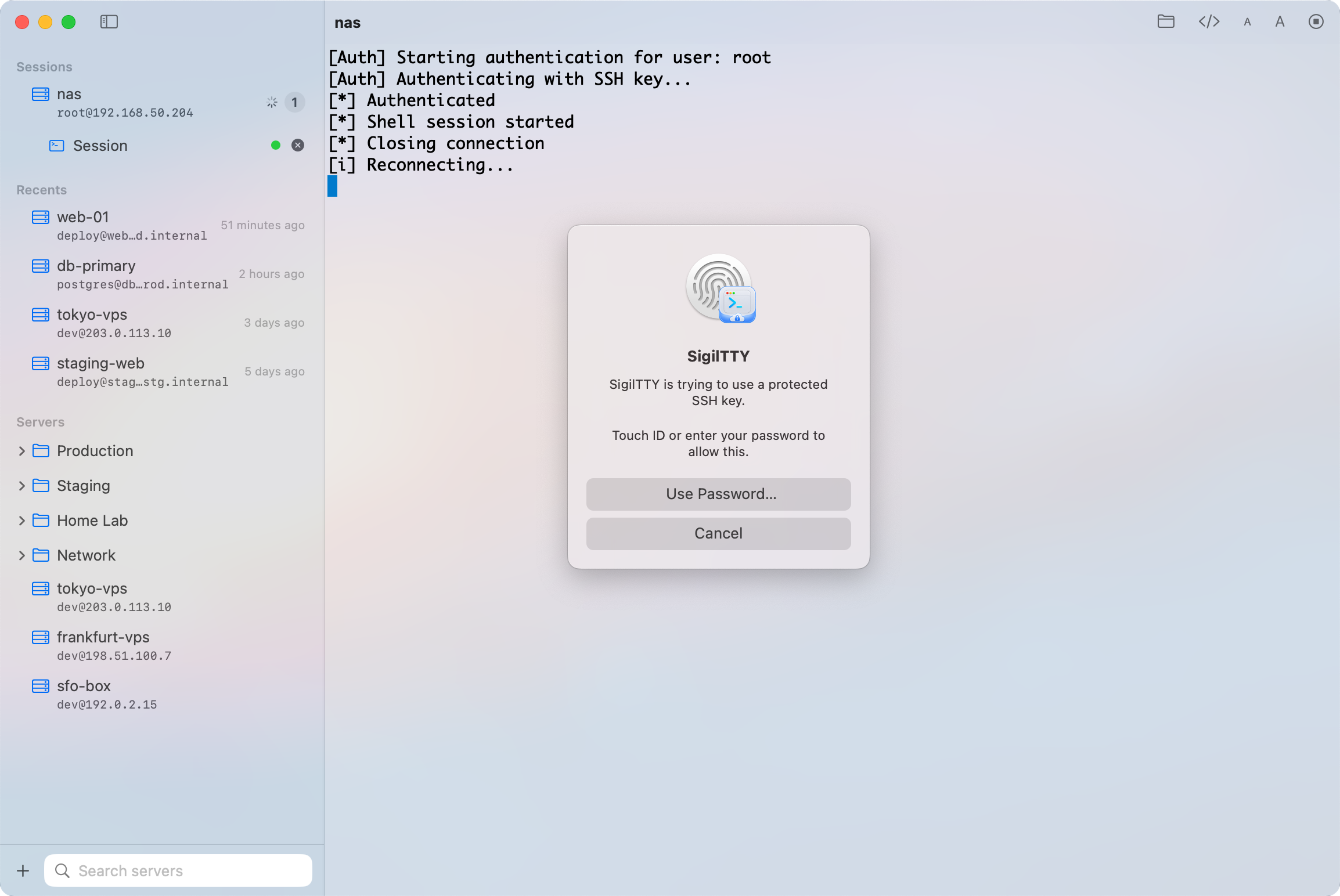 Touch ID prompt in light mode authorizing use of a protected SSH private key