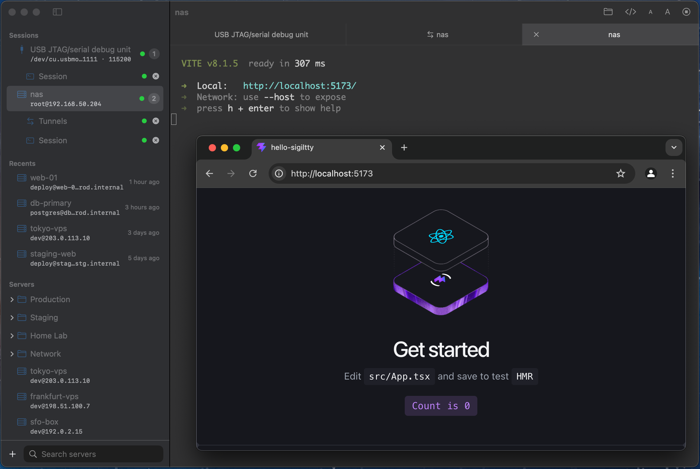 A remote Vite dev server opened at localhost:5173 in an external browser via SigilTTY port forwarding, dark mode