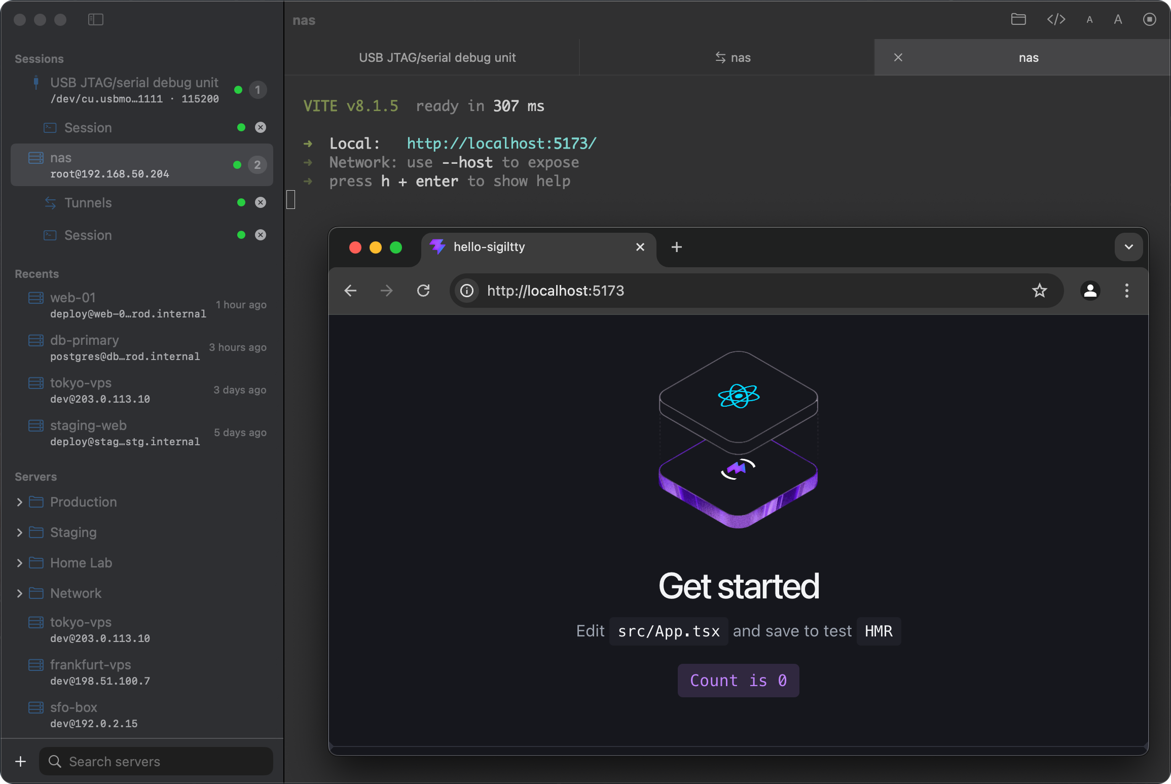 A remote Vite dev server opened at localhost:5173 in an external browser via SigilTTY port forwarding, dark mode