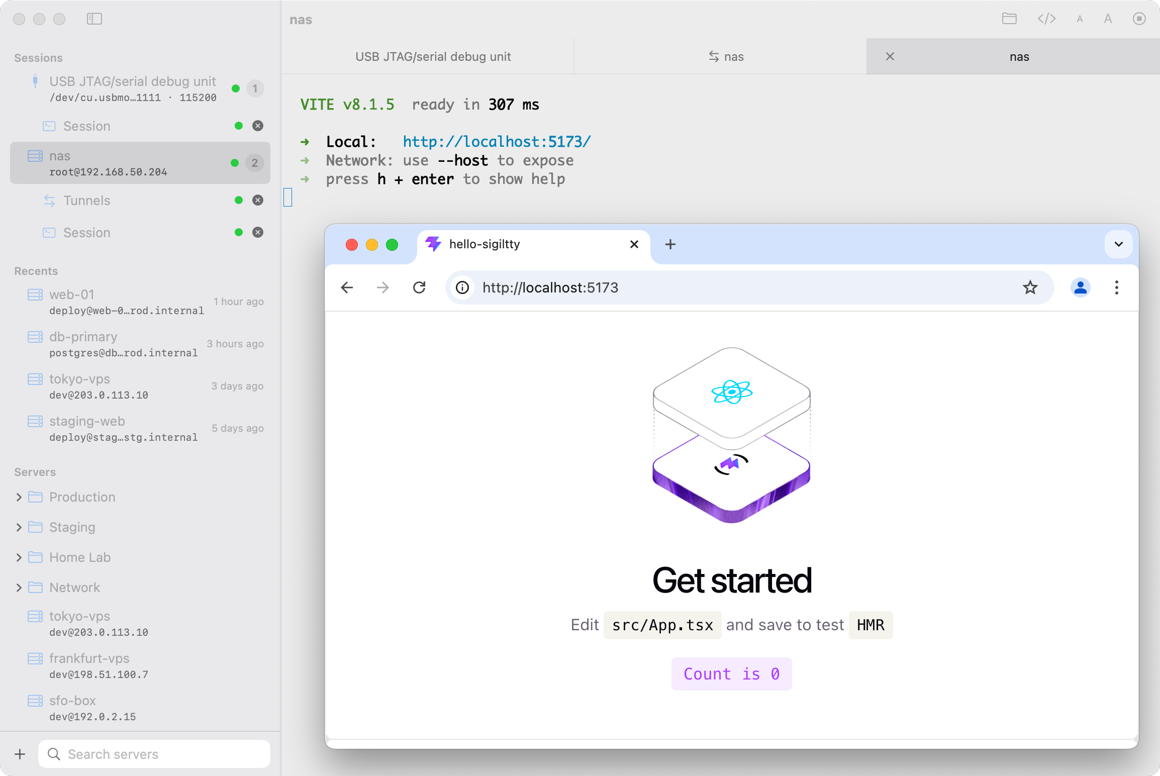 A remote Vite dev server opened at localhost:5173 in an external browser via SigilTTY port forwarding, light mode