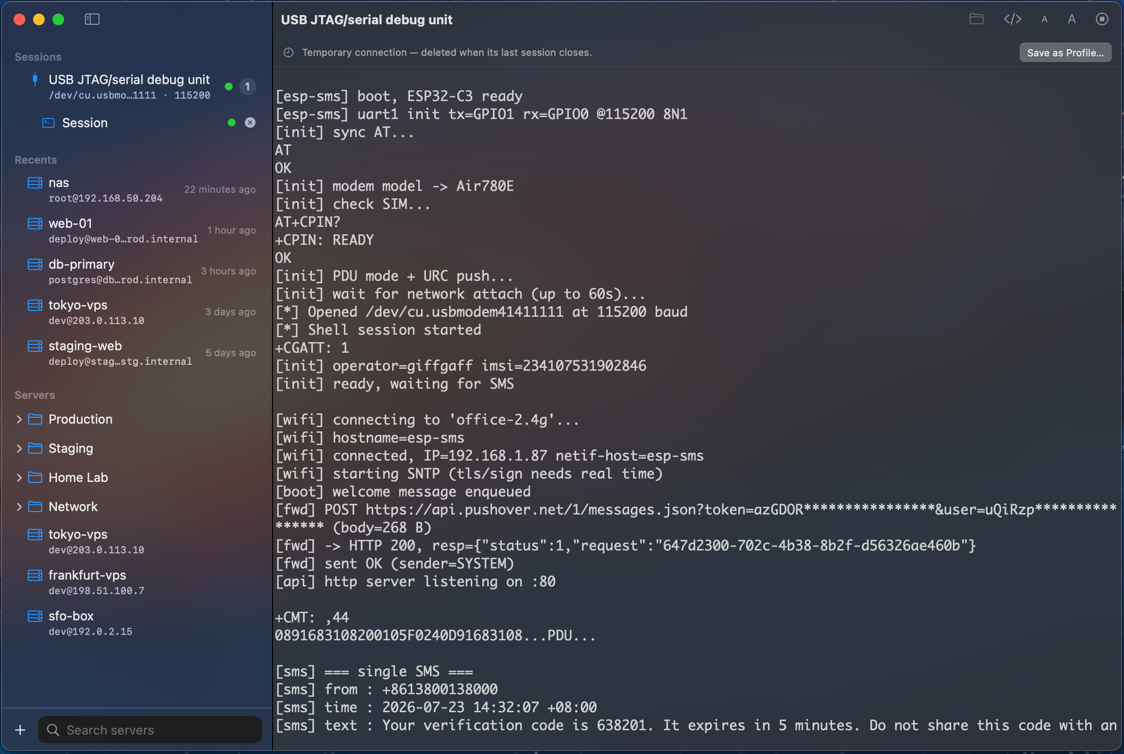 Serial console session on Mac in dark mode showing device log output