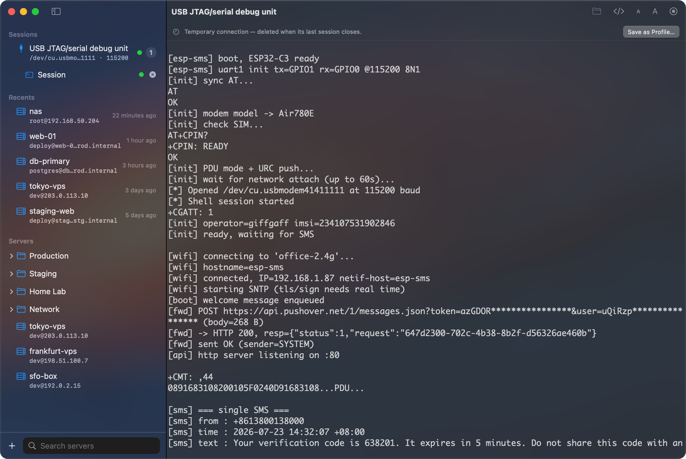 Serial console session on Mac in dark mode showing device log output