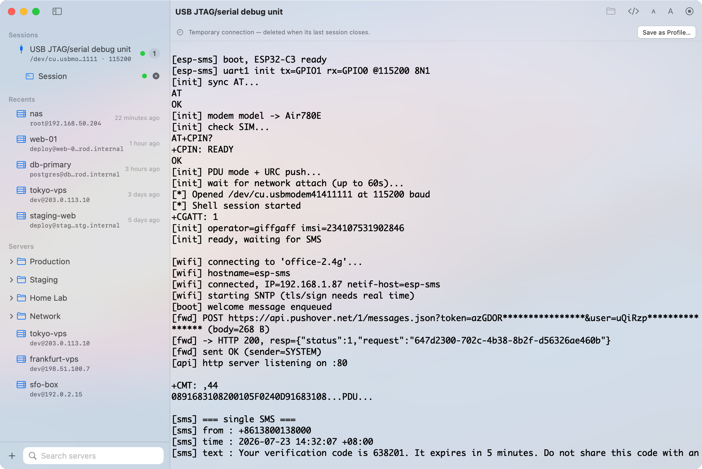 Serial console session on Mac in light mode showing device log output