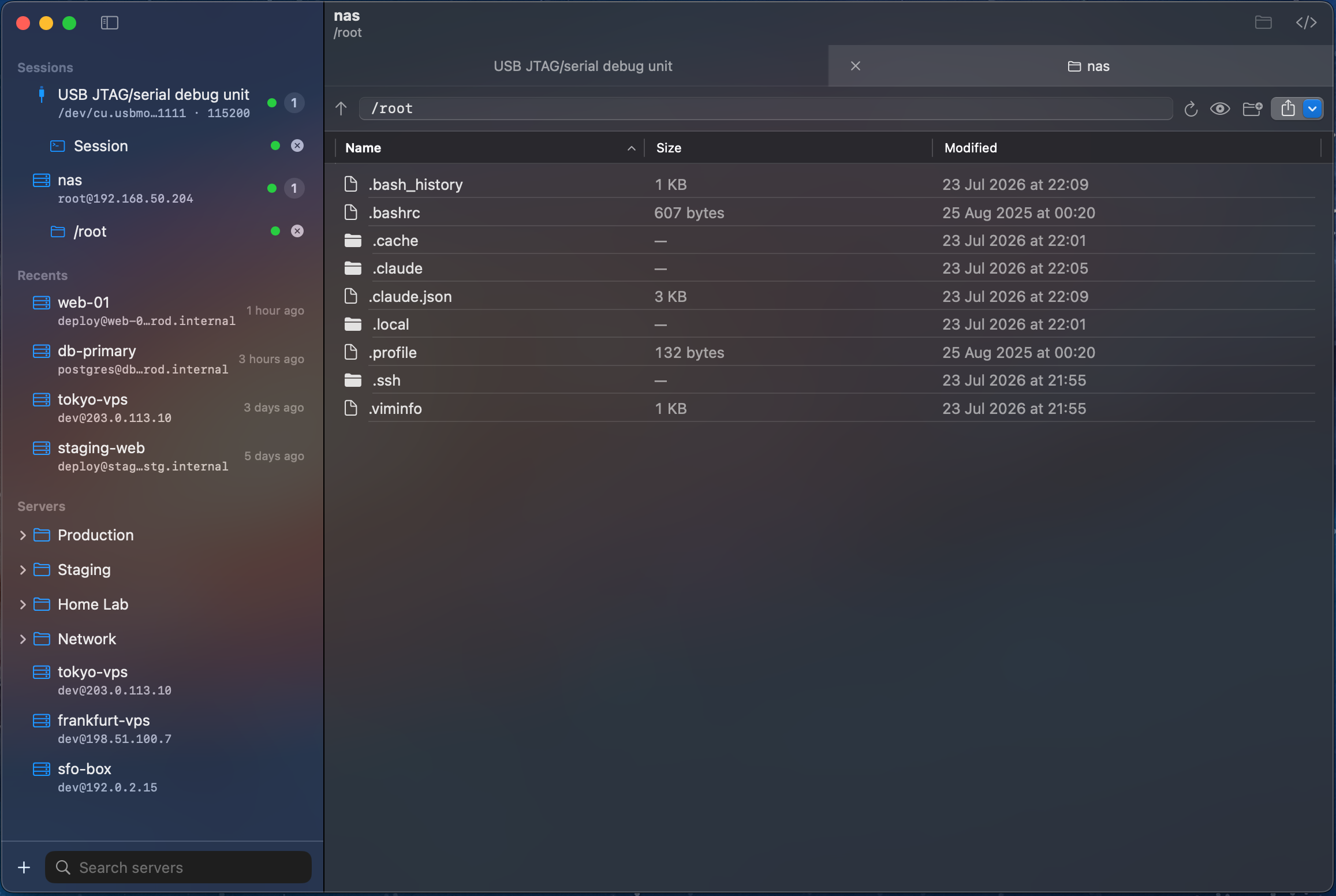 SFTP file browser in dark mode with a remote directory listing and file actions