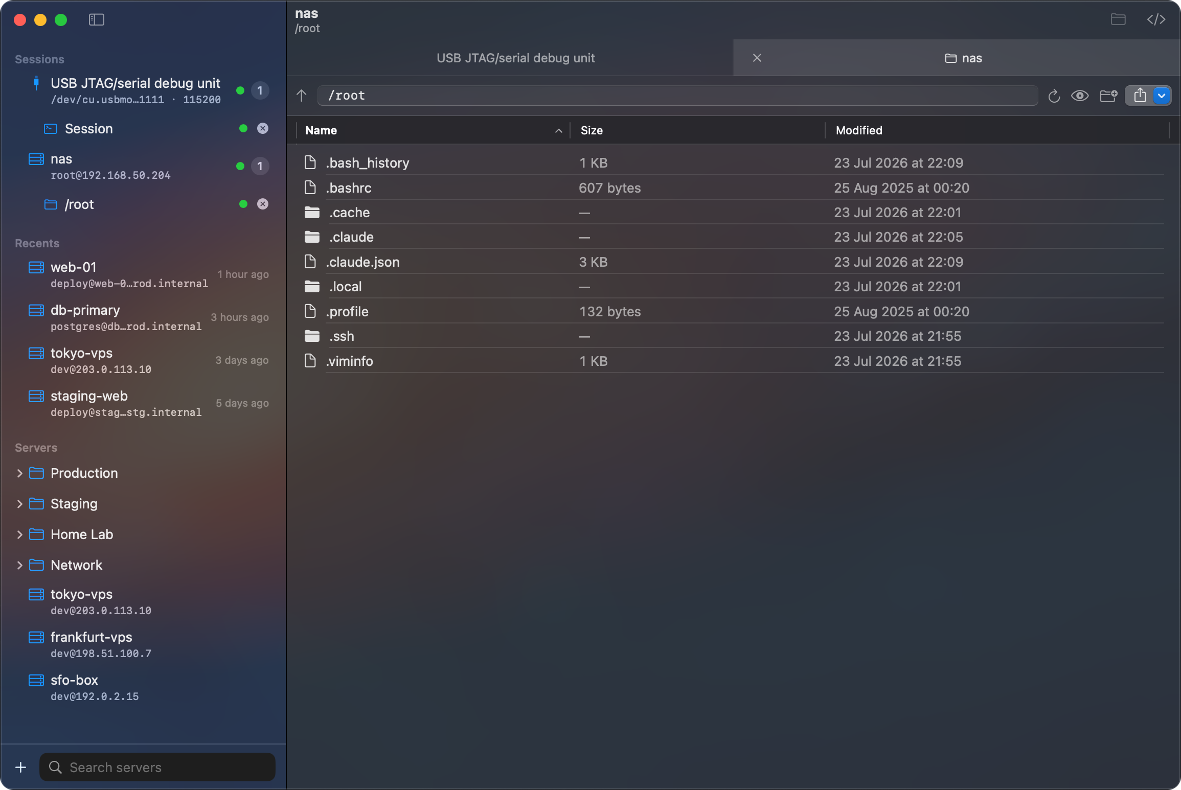 SFTP file browser in dark mode with a remote directory listing and file actions