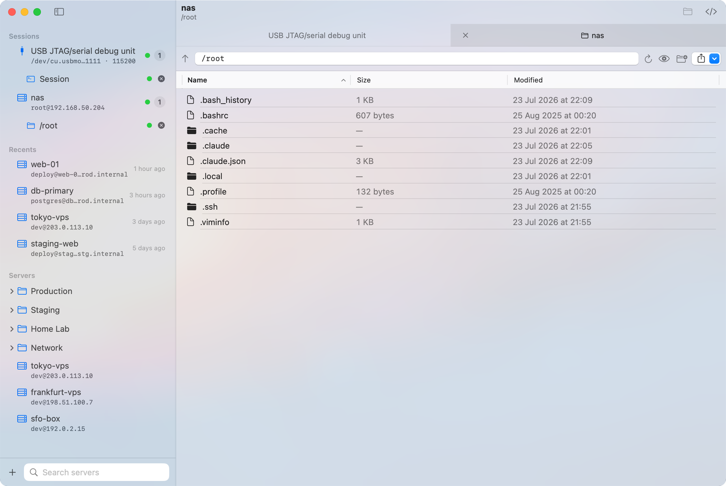 SFTP file browser in light mode with a remote directory listing and file actions