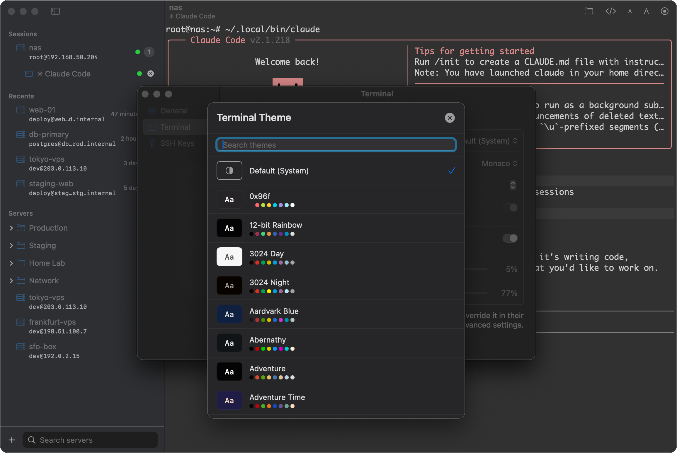 Theme picker in dark mode with searchable color scheme previews
