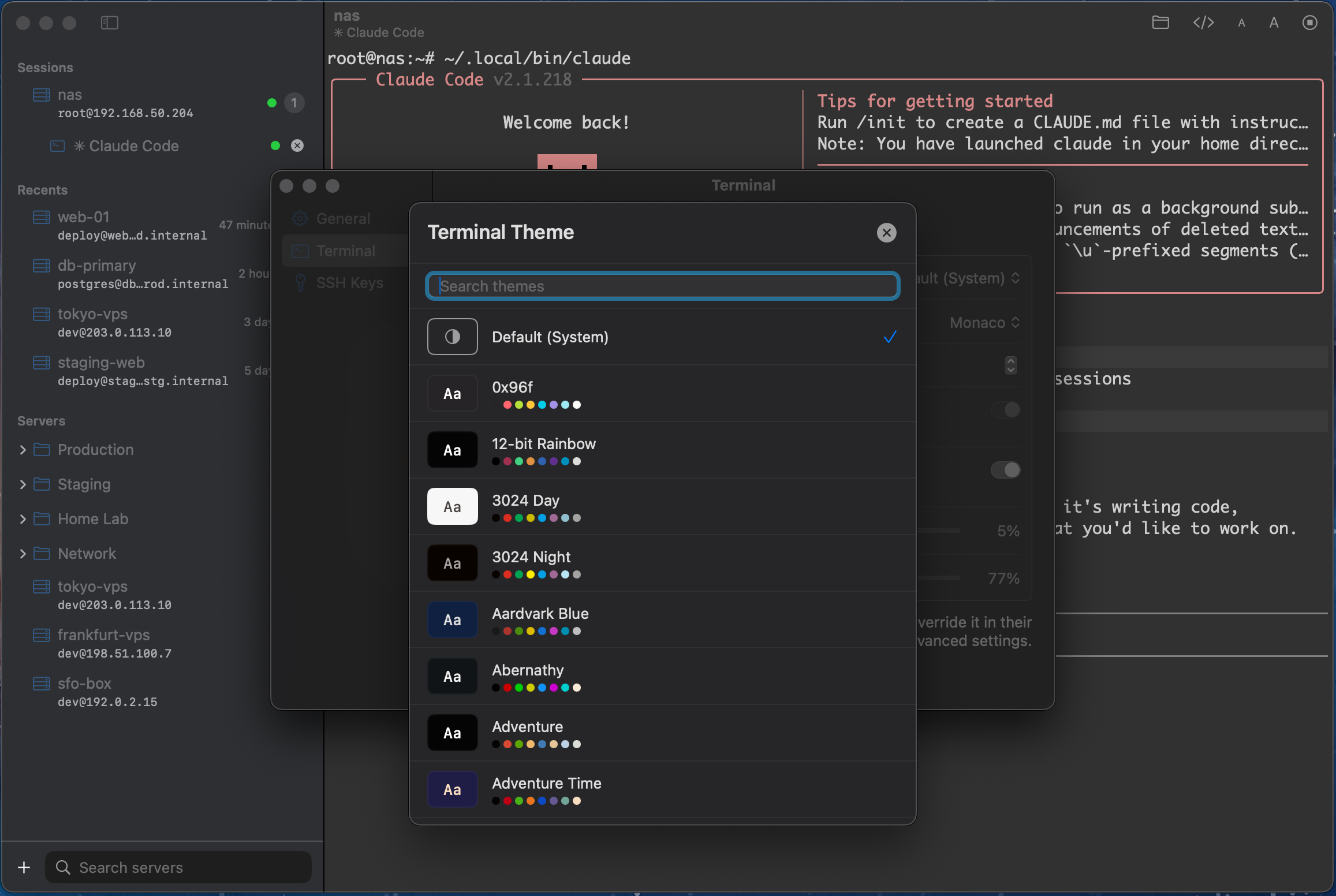 Theme picker in dark mode with searchable color scheme previews