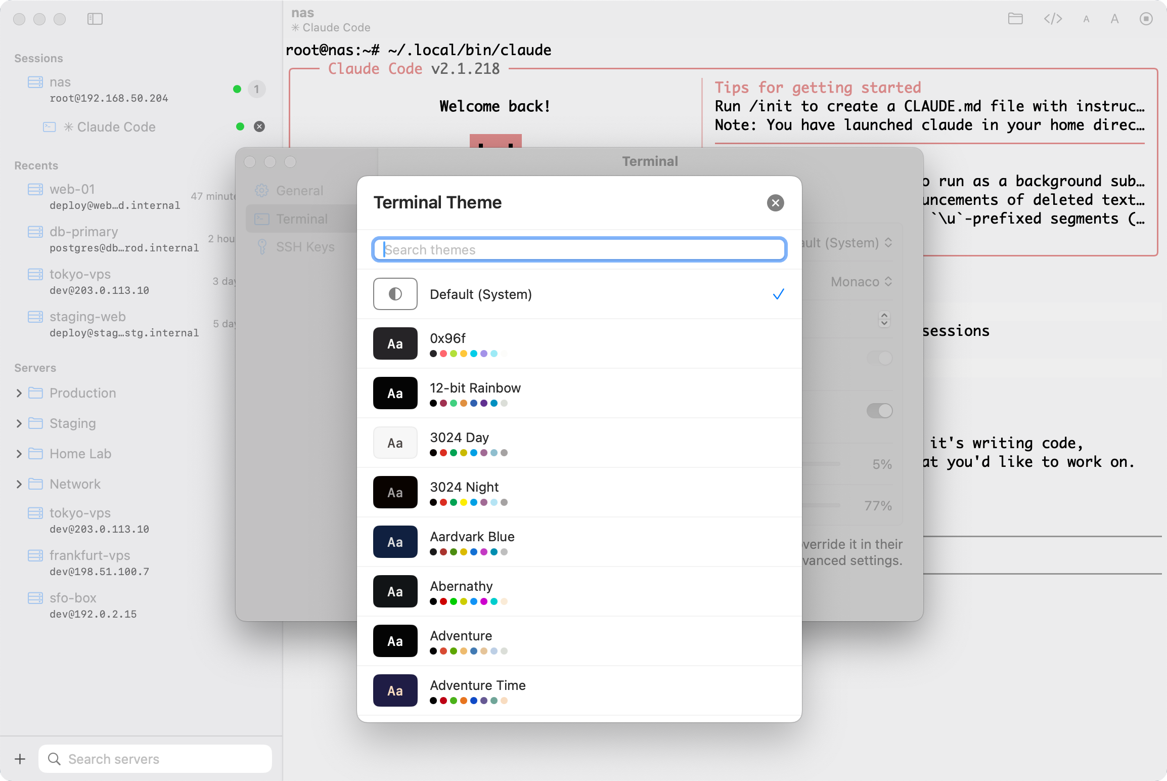 Theme picker in light mode with searchable color scheme previews