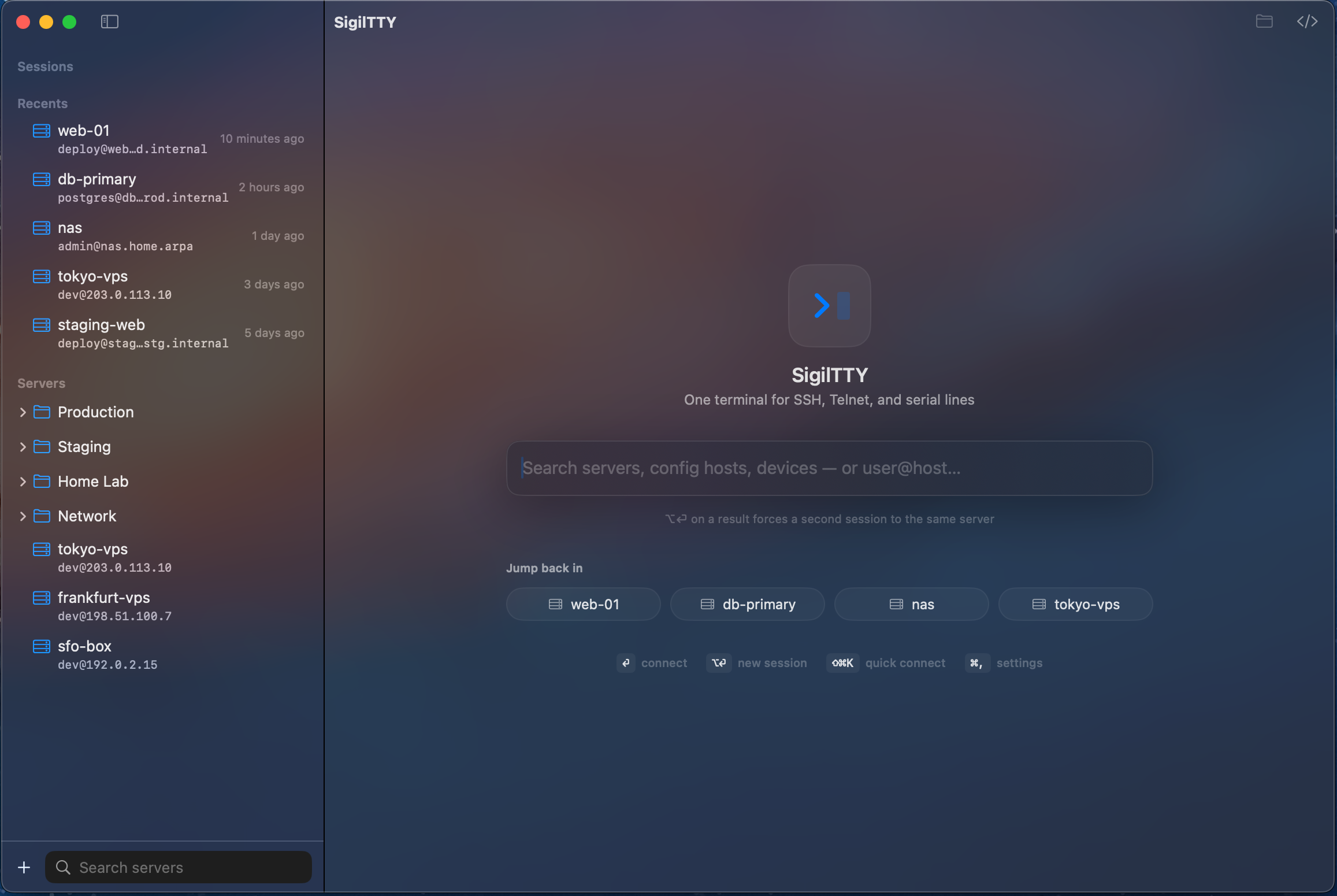 SigilTTY workspace on Mac showing the server list, recents and Quick Connect panel