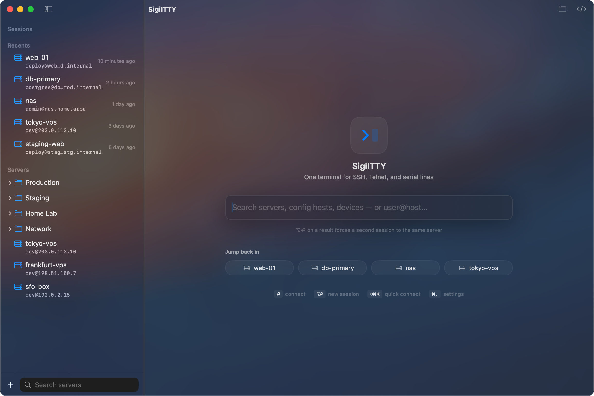 SigilTTY workspace on Mac showing the server list, recents and Quick Connect panel
