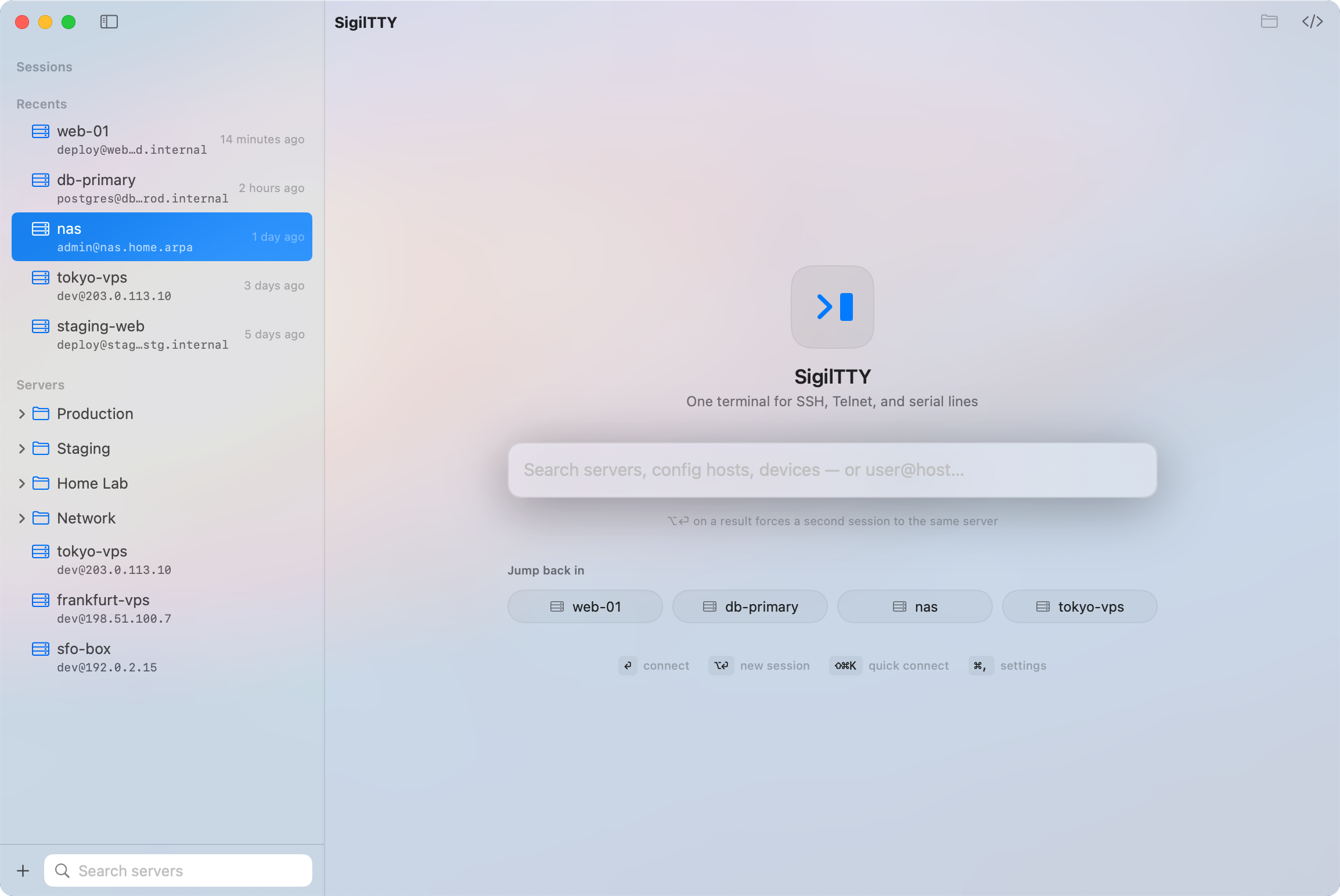 SigilTTY workspace in light mode showing the server list, recents and Quick Connect panel
